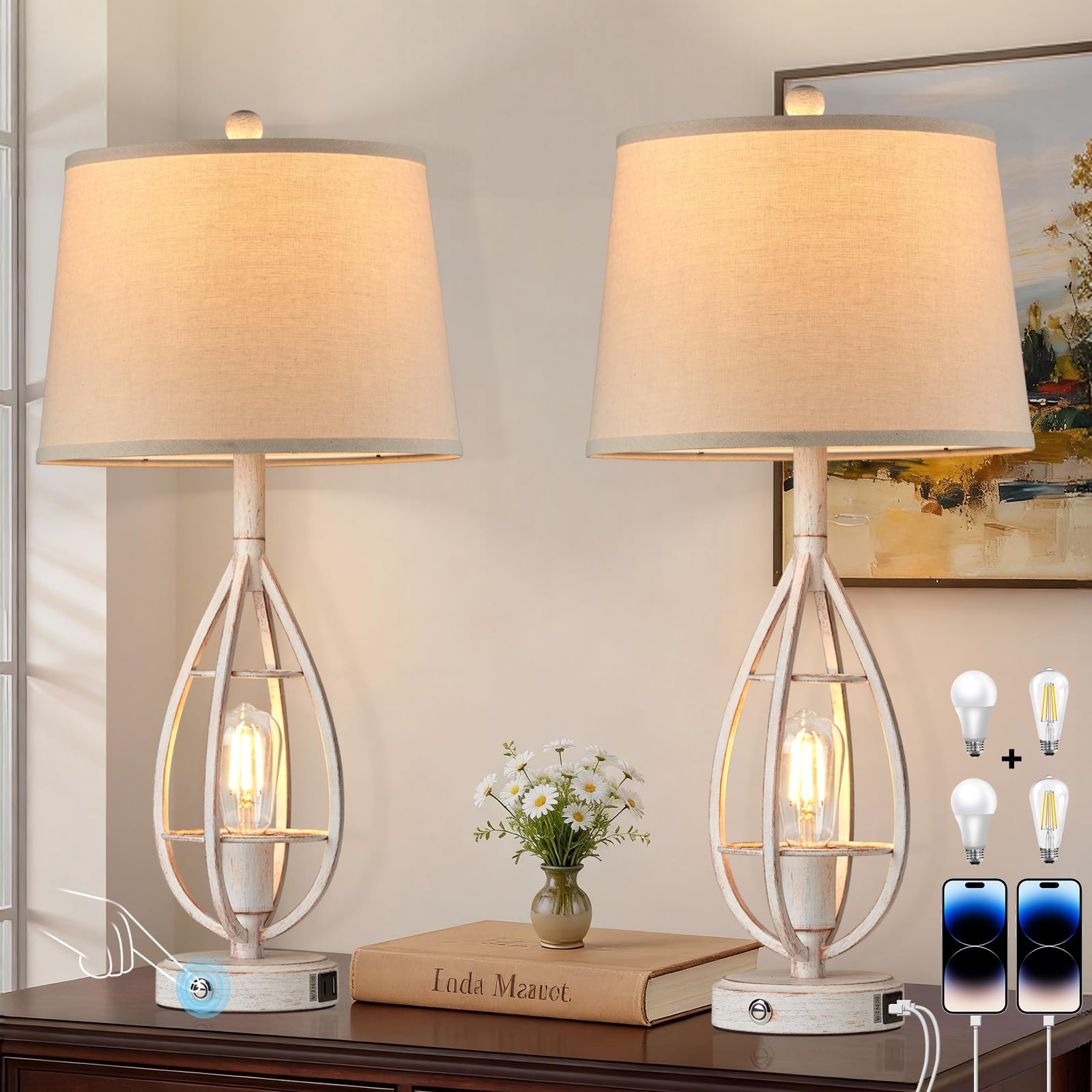 RSKLTTR 27.8 Farmhouse Table Lamps for Living Room Set of 2 - Beside Touch Lamps for Bedroom with USB C+A, Rustic Vintage Retro 