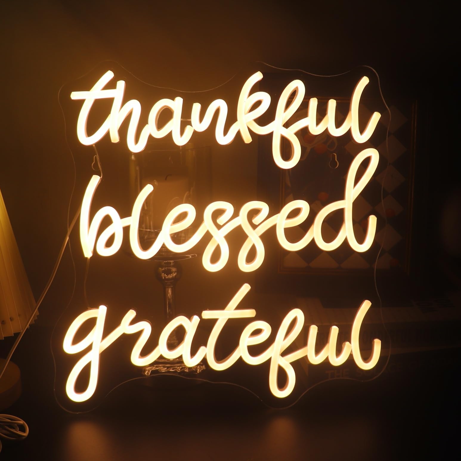 QiaoFei Neon Sign LED Wall Decor, Thankful Blessed Grateful, Warm White, Dimmable, for Home, Bar, Party, Christmas Gift
