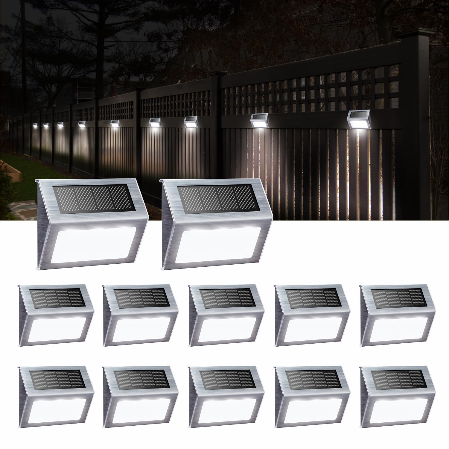 XLUX Solar Powered Lights for Deck Steps Stairs Fences Pathway Path, LED lamp, Outdoor Waterproof, White Light 12 Pack