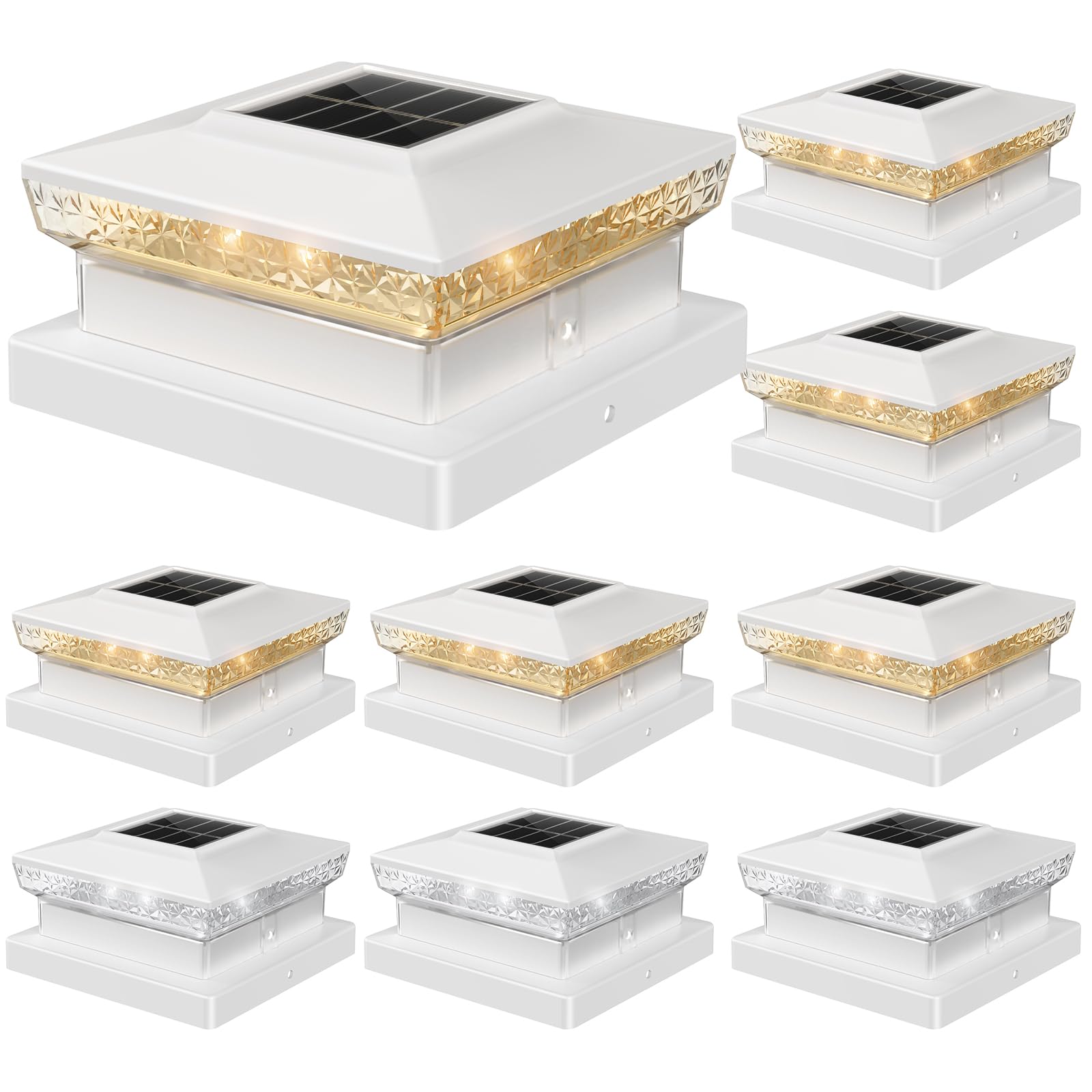 Flyingod Solar Post Cap Light 4x4/5x5 - 8 Pack, Dual Color, 800mAh, 12H Runtime, Auto Dusk-to-Dawn On/Off, White