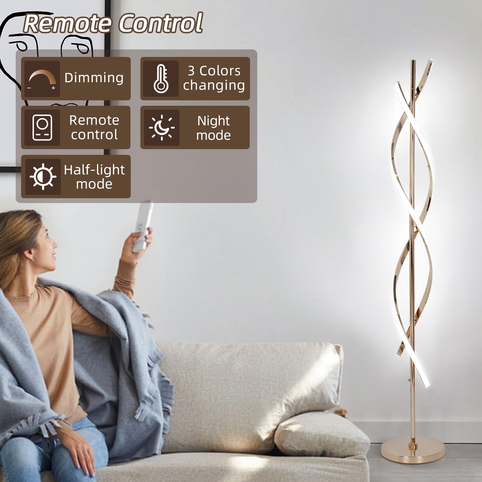 EIDEARAY LED Modern Floor Lamp, 40W Dimmable, Color-Changing, 60" Spiral Design, Gold, Model LDD-G1