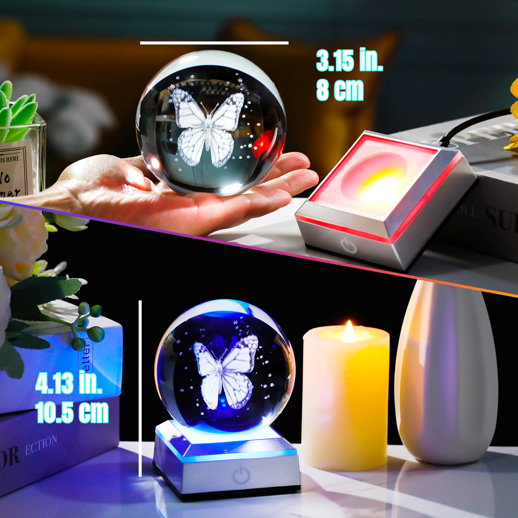 Ornalrist 3.15In. 3D Crystal Ball Engraved Butterfly Gifts For Women Girlfriend Night Light With Led Base, Glass Butterfly Ball Valentine'S Day Gifts For Butterfly Lover Figurine Home Decor