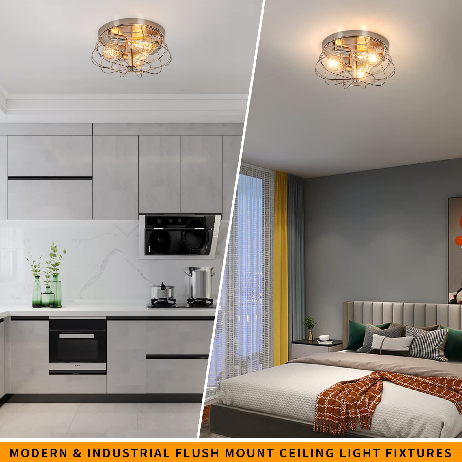 Foucasal Flush Mount Ceiling Light Brushed Nickel Ceiling Light Fixture 3-Light Modern Flush Mount Ceiling Light Metal Cage Kitc