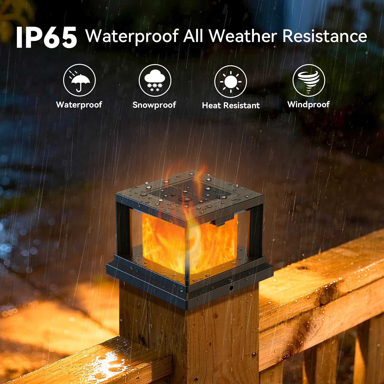 Solar Post Cap Light Outdoor with Flickering Flame, Waterproof Solar Powered Deck Cap Light for 4x4 Wooden/4x4 Vinyl Post, Black