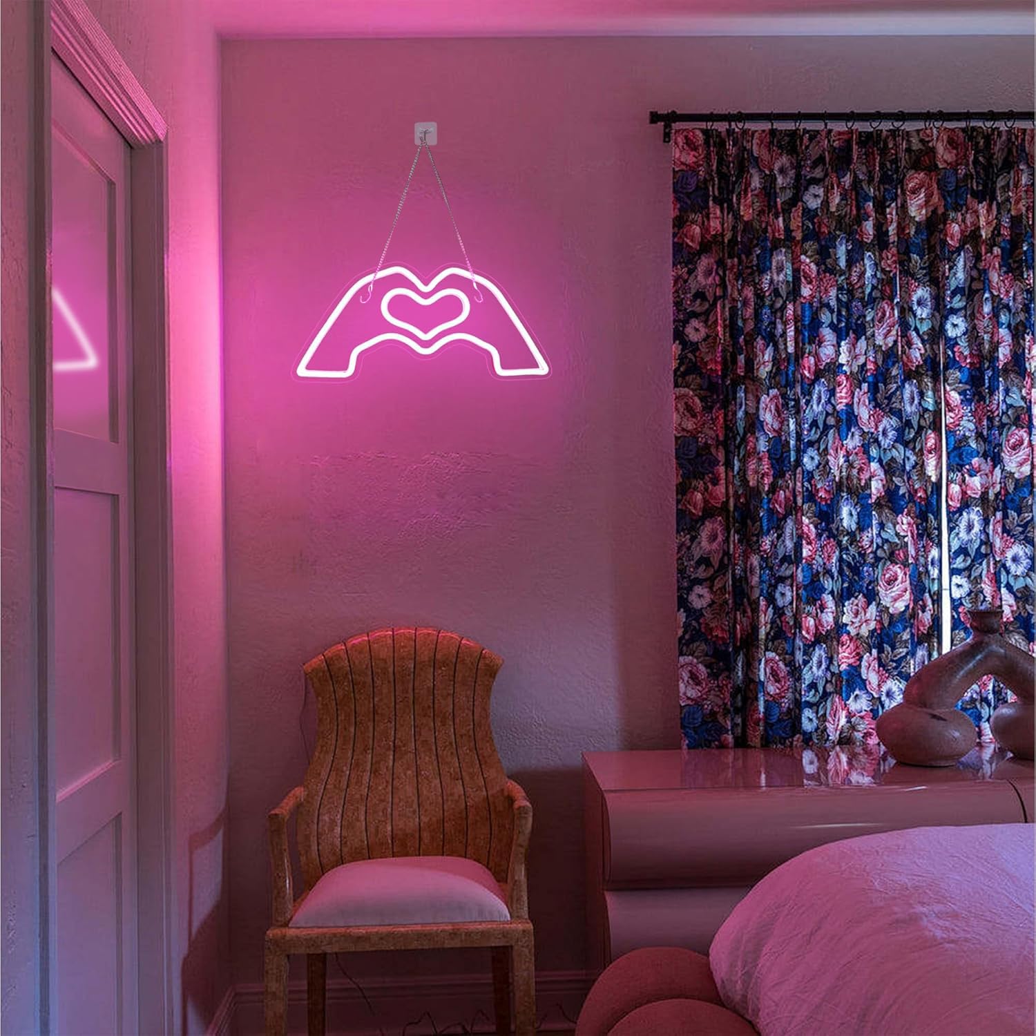 HMASYO Heart Hands Neon Sign - LED Wall Art with Dimmer, 15.7in, Pink Acrylic, Model 2411A, Ideal for Music Lovers, Parties, and Decor
