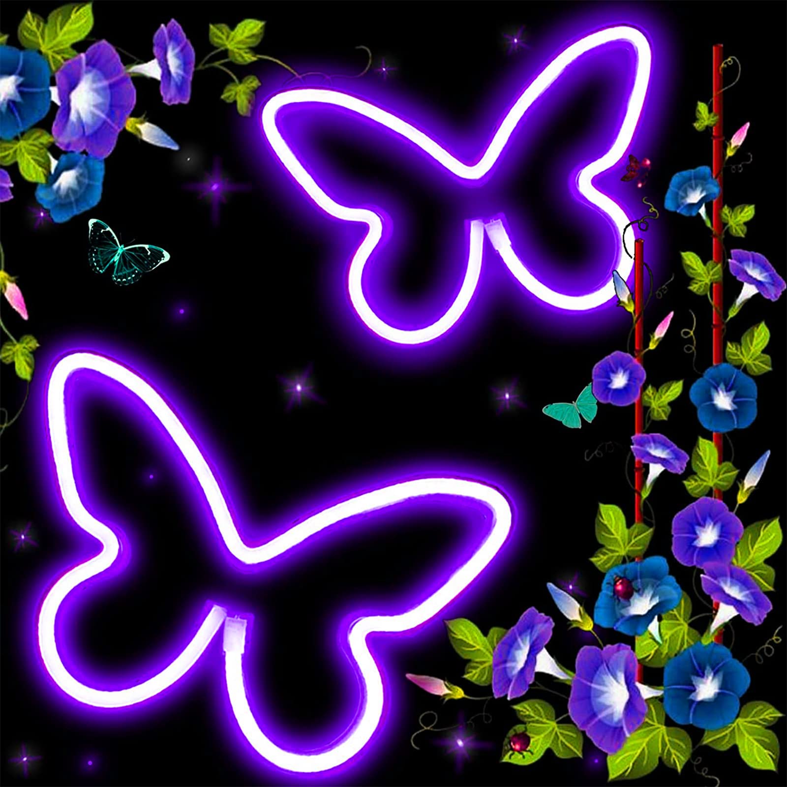 UrsaMajor 2 Pack Butterfly Neon Sign, USB/Battery Operated LED Light, 8.86x6.3 inches, Purple, Model Pu-2