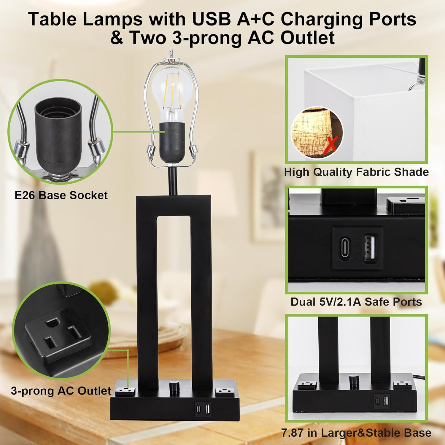 Vikdio Modern Table Lamps Set Of 2-22'' Tall Bedside Lamps With Usb-C/Usb-A Charge Ports & Outlet, Stepless Dimmable Fabric Gray