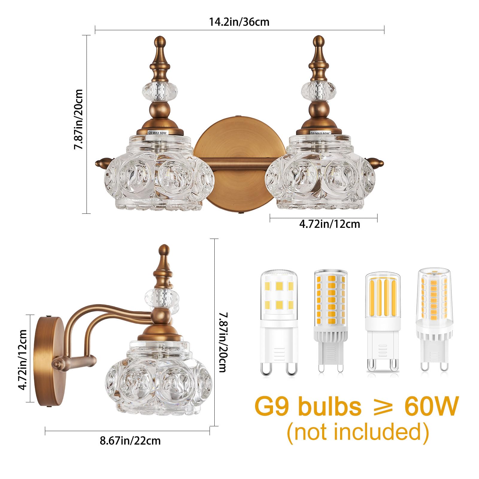 ZILANL 2-Light Vintage Bathroom Vanity Light, Matte Brushed Antique Brass, Crystal Glass Shade, Model MJ-W885-2