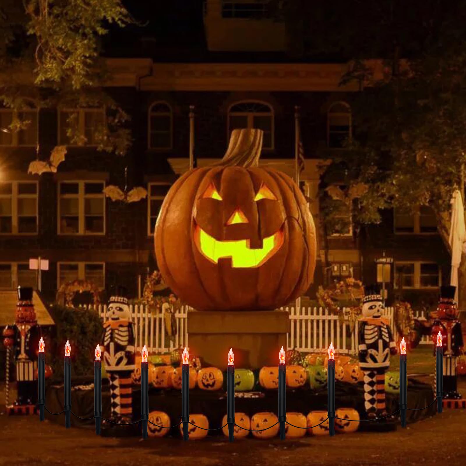 Halloween Pathway Lights Outdoor, 19.5Ft Halloween Pathway Marker String Lights With 10 C18 Flicker Flame Black Candles Stakes L