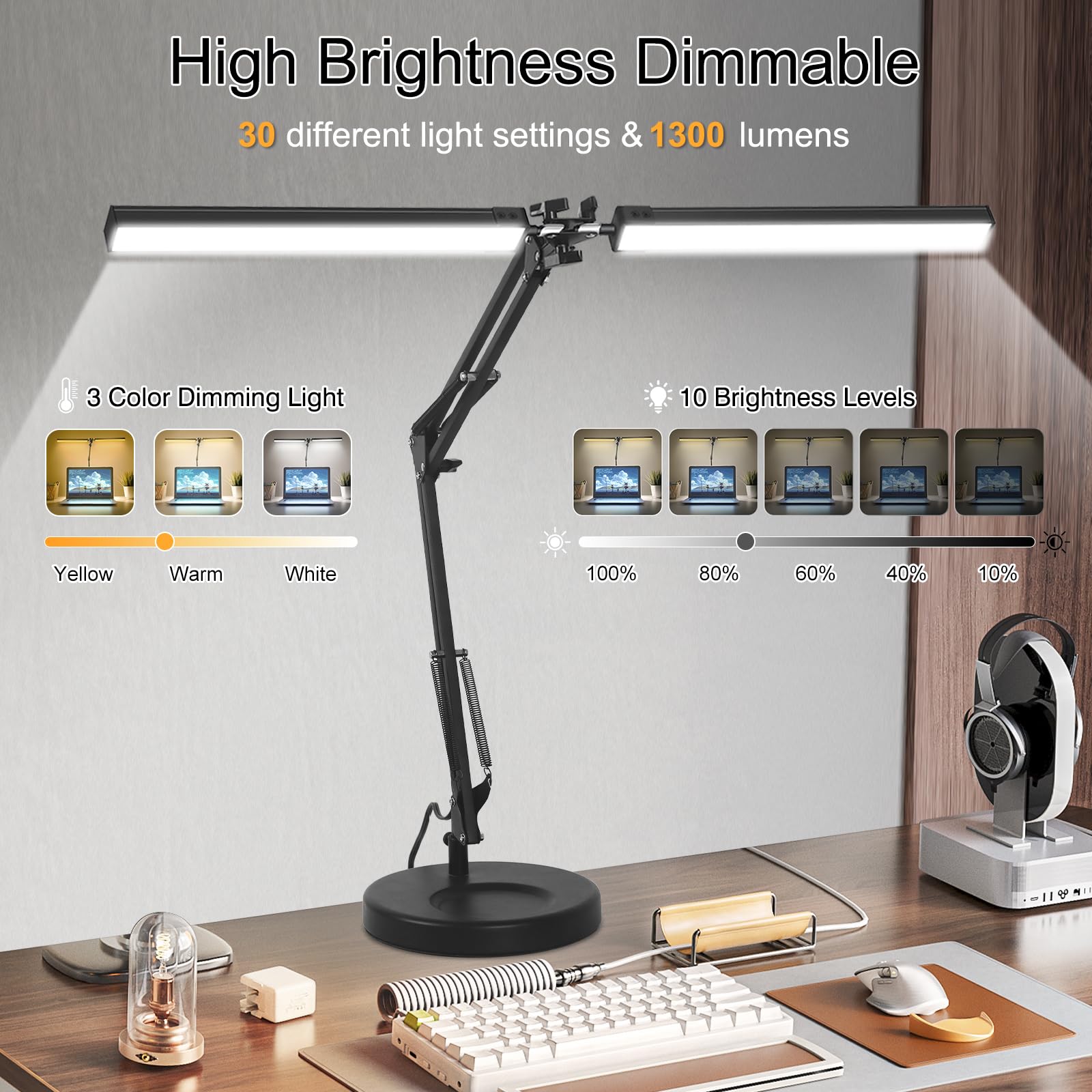 MOLOOR 2-in-1 LED Desk Lamp - 24W, Black, Flexible Swing Arm, 3 Color Modes, Stepless Dimming, Clamp for Home Office & Reading