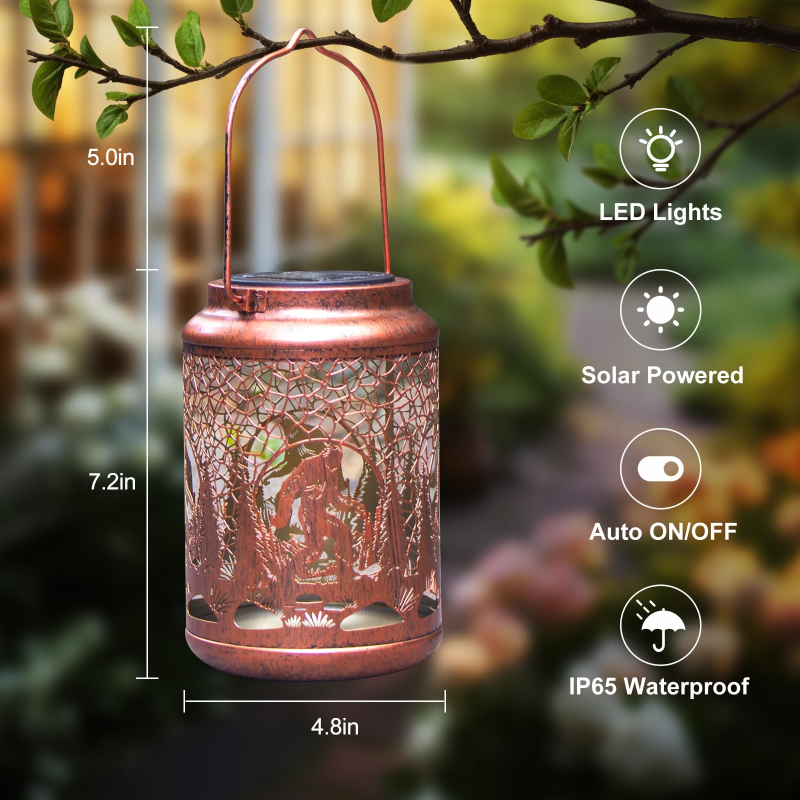 YISITEONE Bigfoot Solar Lantern - Waterproof Metal Hanging Light for Garden, Patio, Yard, Brown, Model ES04250200000