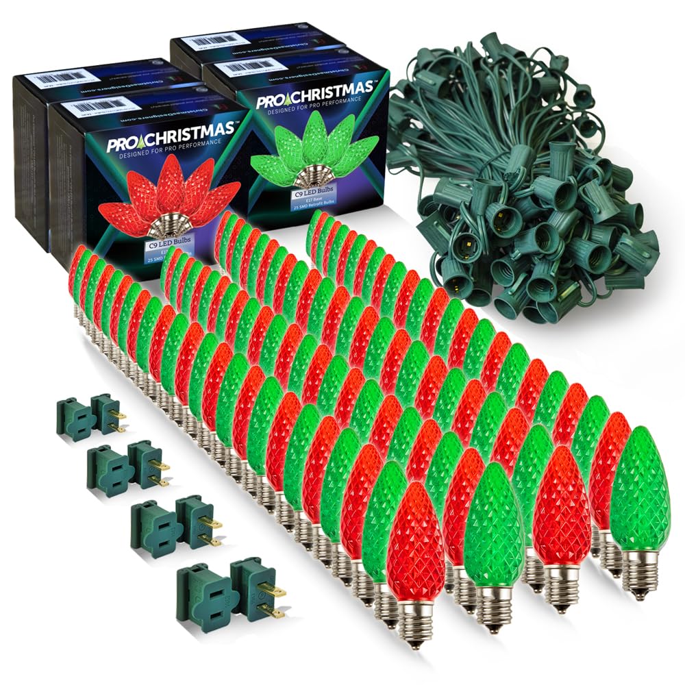 Pro Christmas C9 LED Christmas Light Kit for Rooflines & Pathways - DIY Cut to Length  Outdoor Commercial Grade (Green Wire w/Vampire Plugs  100 Bulbs  100 ft) Red and Green