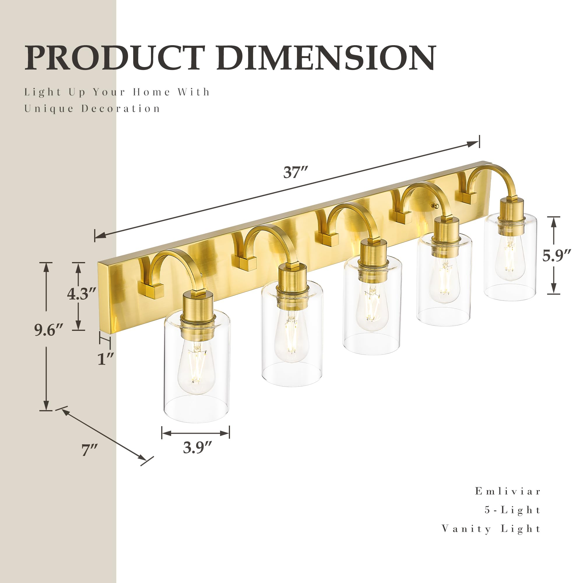Emliviar 5-Light Vintage Vanity Lighting For Bathroom  37-Inch Wall Mount Light Fixture With Clear Glass Shade  Brushed Gold Finish  Yce237B-5W Bg
