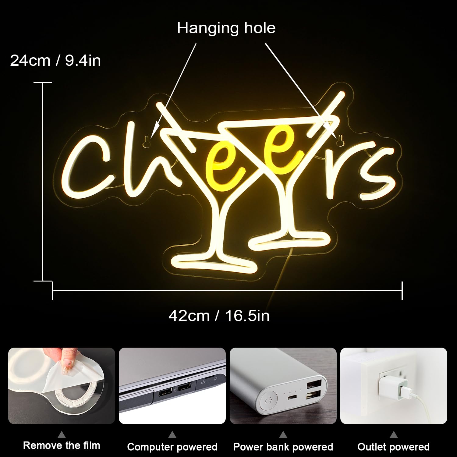 WX&YH Neon Sign - Cheers Cocktails Bar LED Light, Dimmable Acrylic Wall Decor, Home Pub Party Club Decoration, Color: Cheers