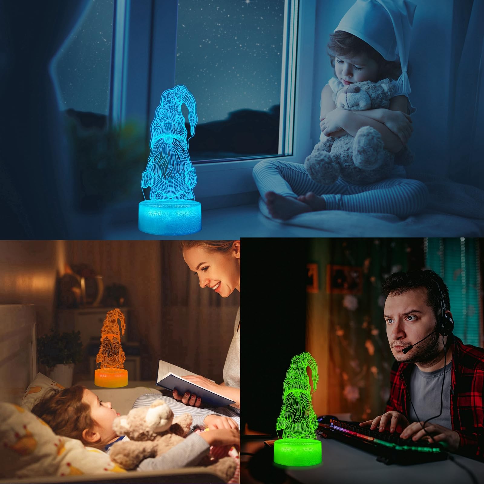 POSSHE Gnome Night Light - 3D Illusion Lamp with 16 Colors, Remote Control, Kids Room Decoration, Model MY-3D LAMP-CRACK, Color 15