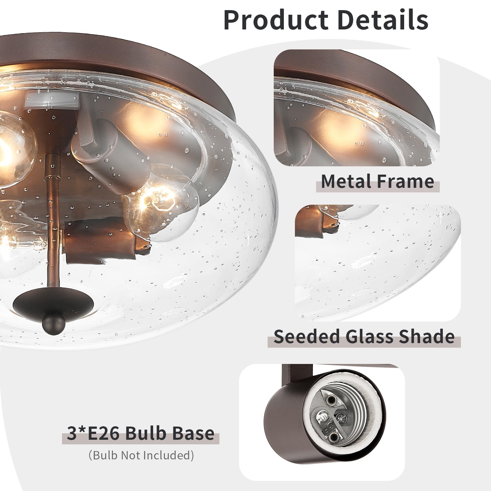 Darkaway Large Ceiling Light Fixtures 3-Ight Flush Mount Indoor Outdoor Ceiling Light With Seeded Glass Shade For Hallway Kitche
