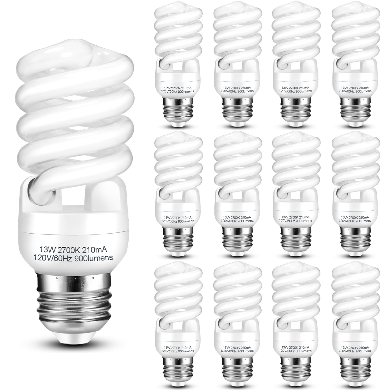Cfl Light Bulbs E26 Base, T2 Spiral 13Watt (60Watt Equivalent) Soft White 2700K 900Lm Compact Fluorescent Light Bulbs, Ul Approv