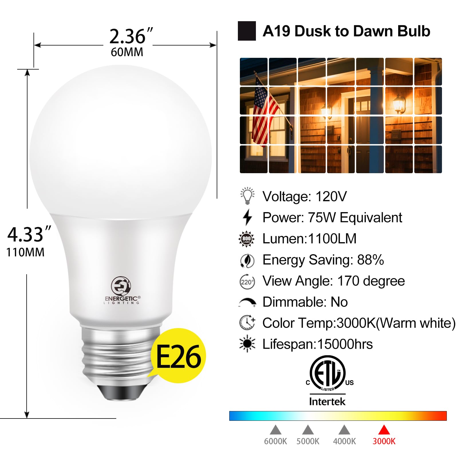 E ENERGETIC LIGHTING Dusk to Dawn LED Outdoor Light Bulb, 9W 1100 Lumens, Warm White 3000K, E26 Base, Automatic On/Off