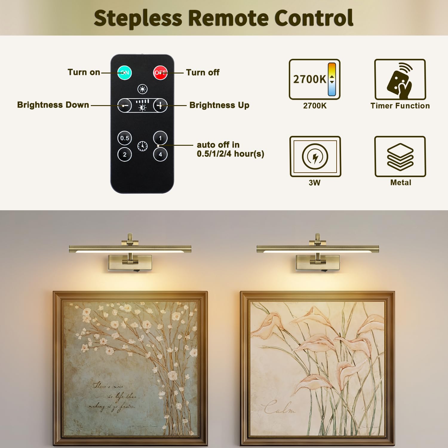 DESOOP Wireless Picture Light, 16" Adjustable Art Light, Antique Bronze, Remote & Timer, Model 7115