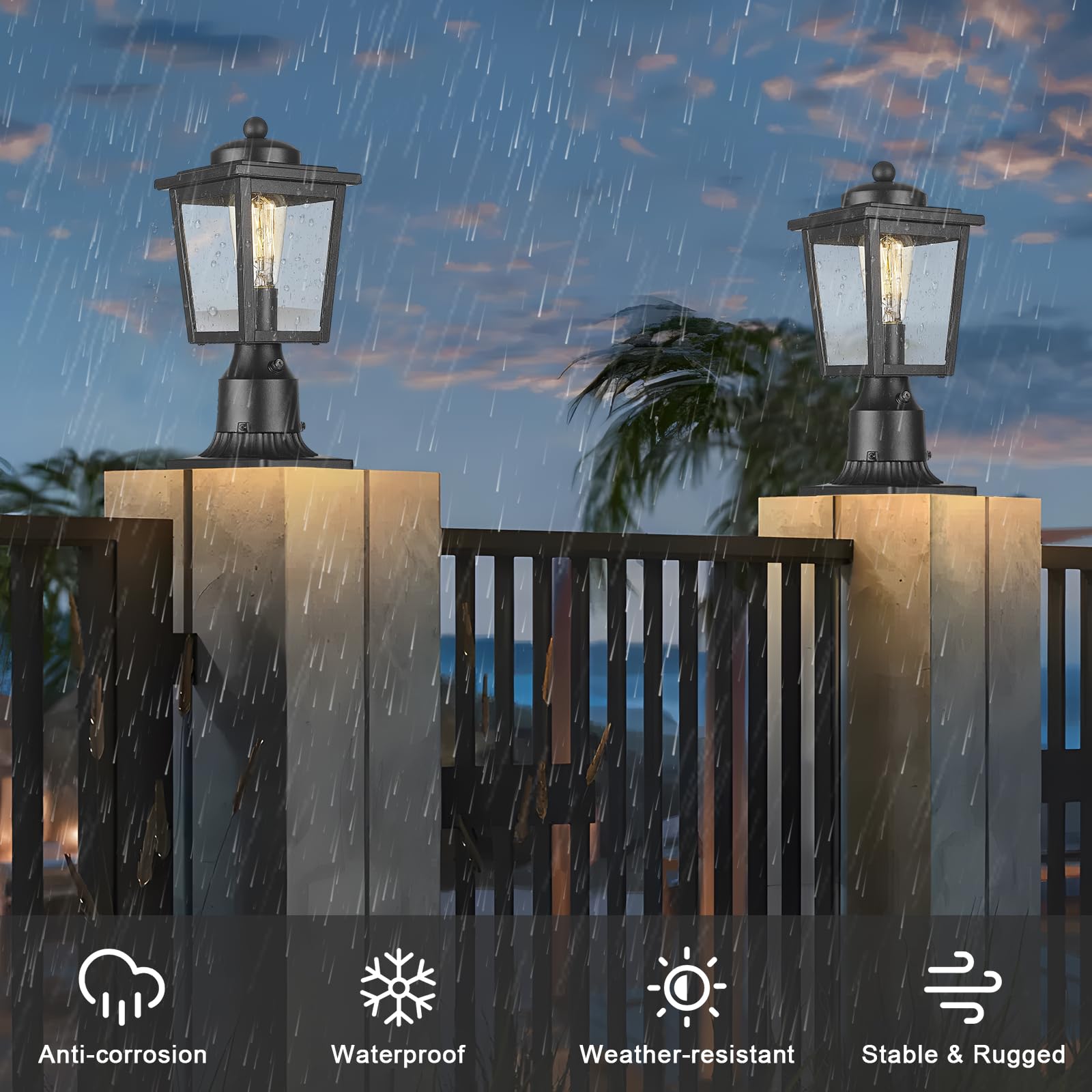 Luminzone Dusk To Dawn Black Outdoor Post Light Fixture With Seeded Glass, Waterproof Aluminum