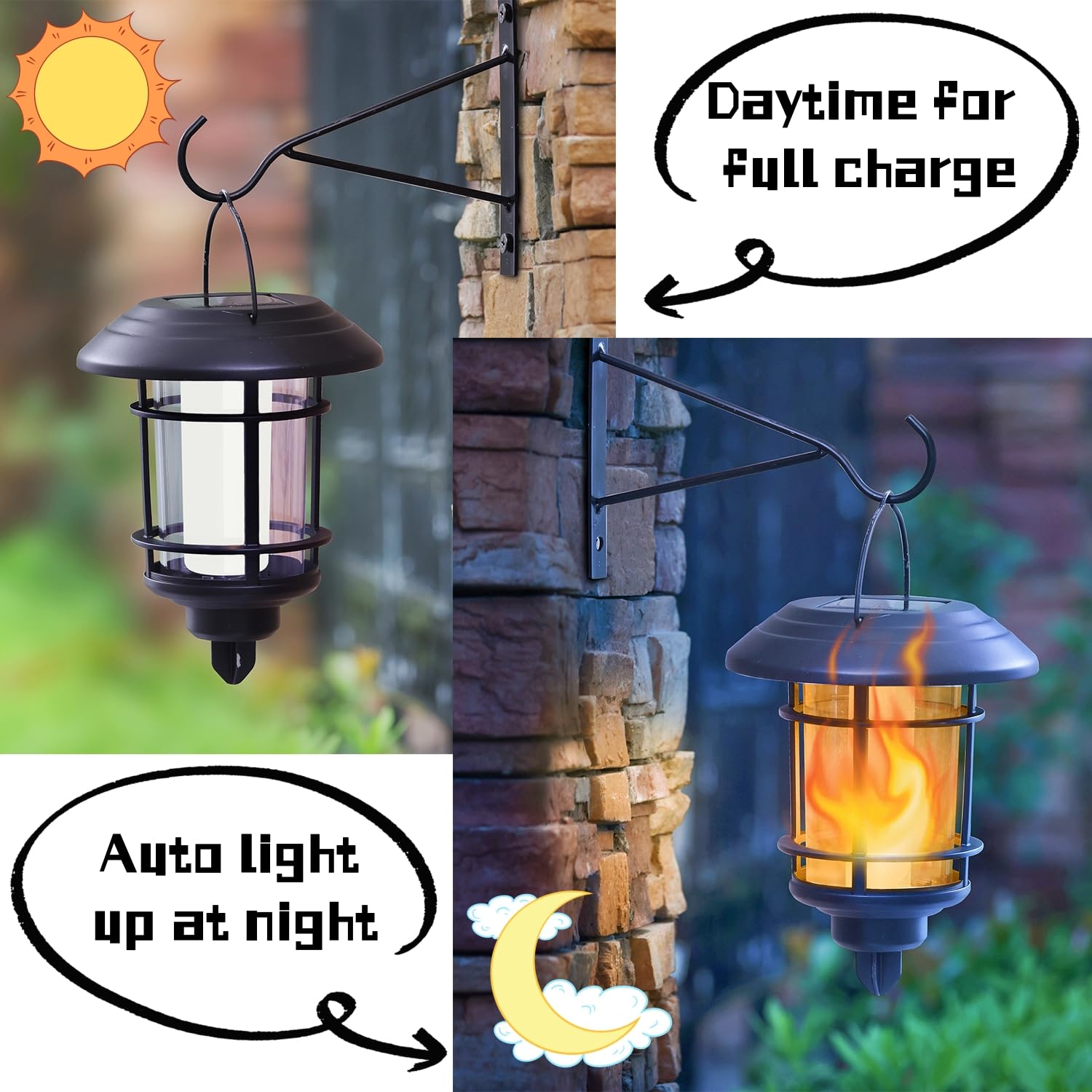 Dynaming 4 Pack Solar Flame Wall Lanterns Outdoor, Solar Powered Wall Mounted Sconce Lights, Flickering Flame Led Lights Auto On