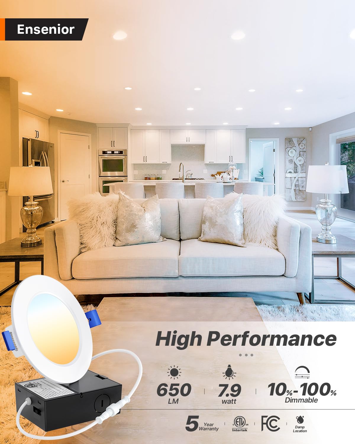 Ensenior 12 Pack 4 Inch Led Recessed Ceiling Light, Dimmable, 2700K-5000K 5Cct, 7.9W Eqv 65W, Ultra-Thin Canless Wafer Lights, 650Lm High Brightness - Fcc&Etl&Ic