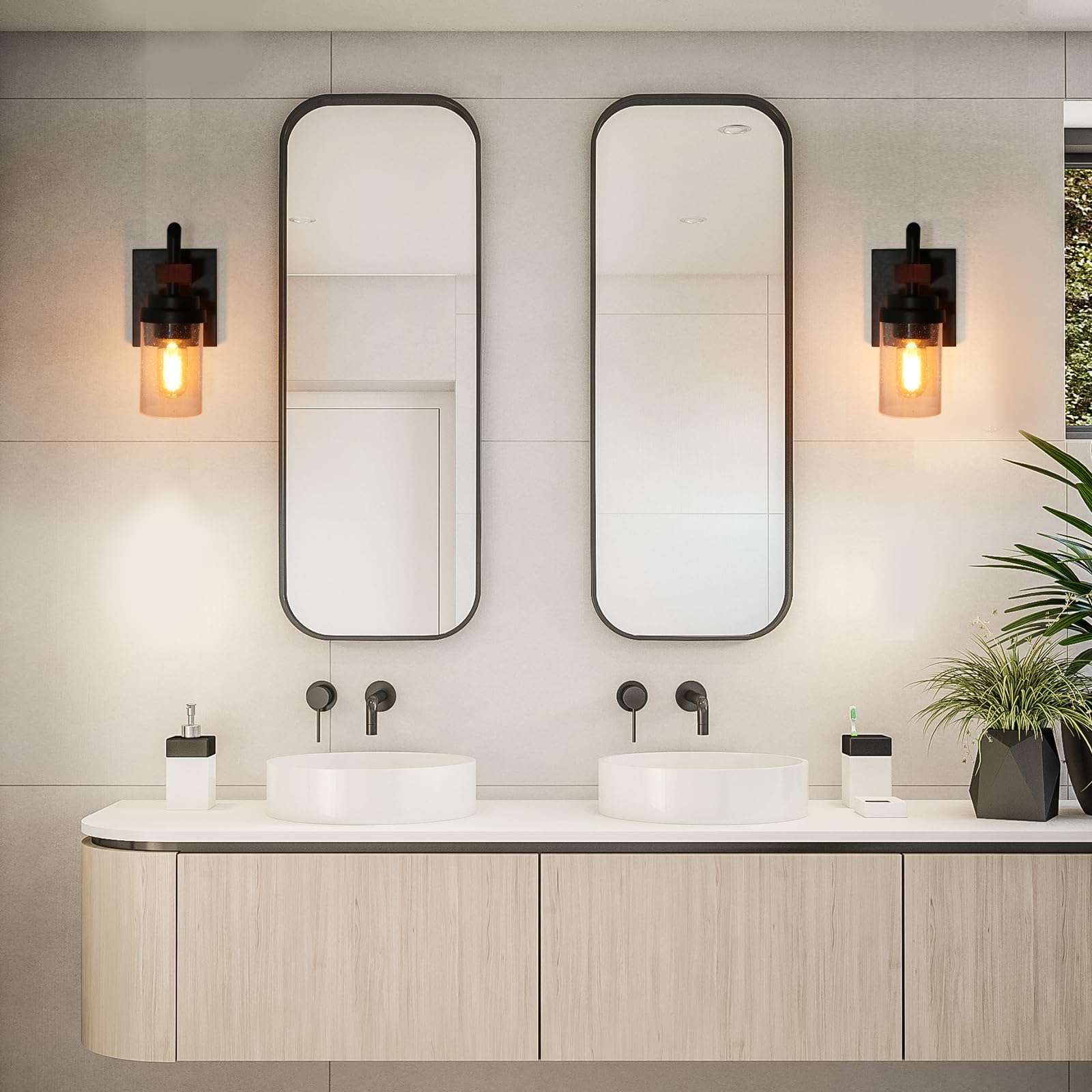 Eumyviv Rustic Wall Light Sconce With Seeded Glass Shade, Vintage Edison Metal Wood Wall Lamp Fixture For Entryway Bedroom Bathr