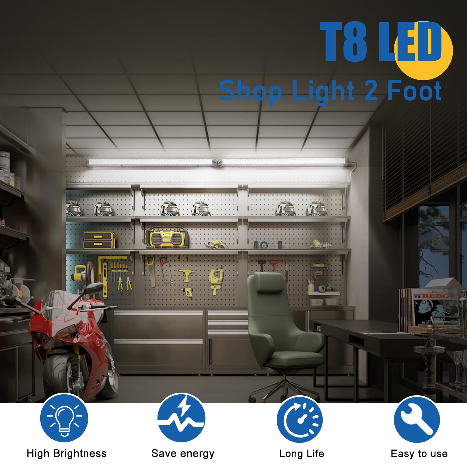 Reisener 2Ft Led Shop Lights, 2 Foot Led Light Fixture For Room Workbench Cabinet Closet, 18W 2400 Lumen, 6000K Cool White, Plug