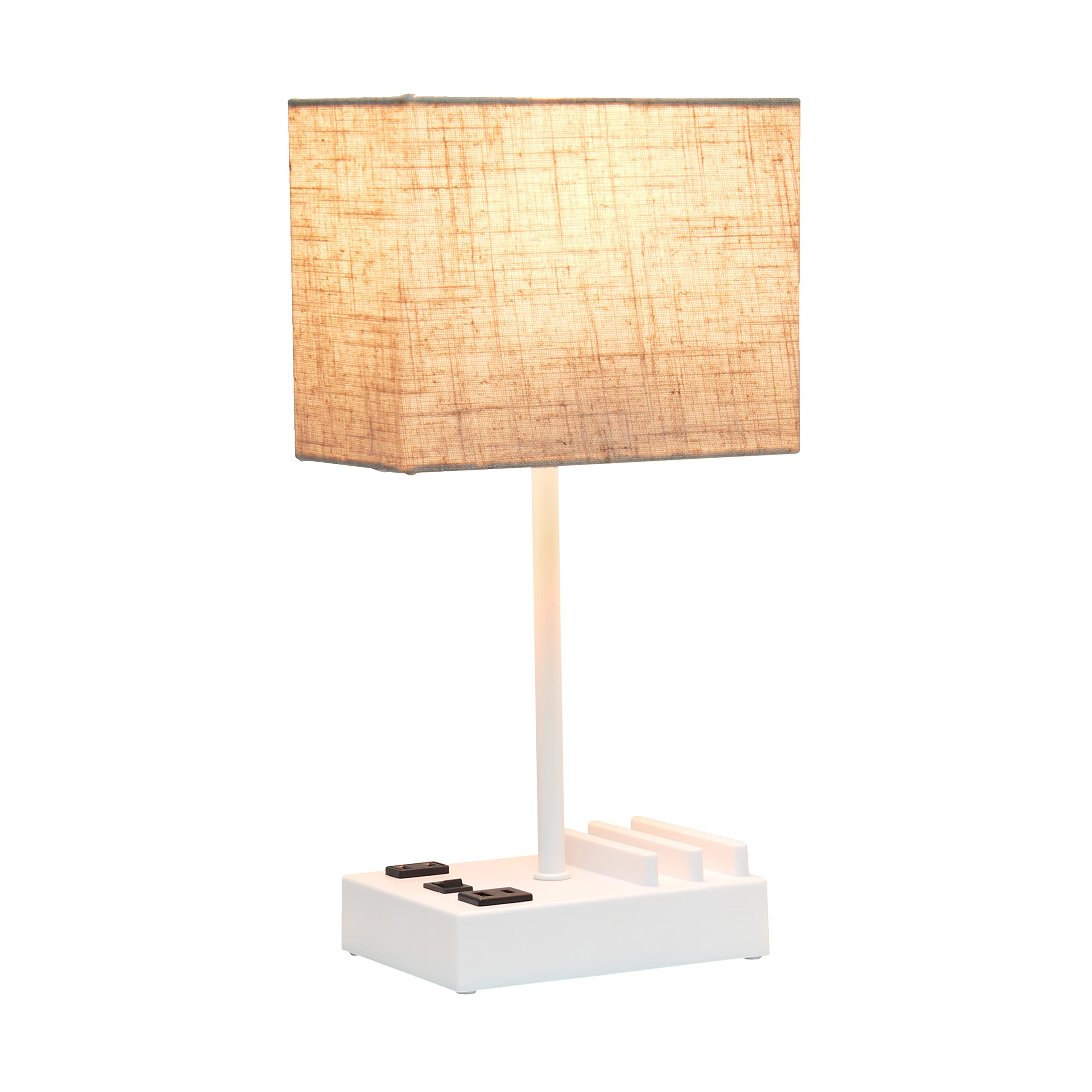 Simple Designs LT1110-BGW Desk Lamp with USB Ports, 15.3in Tall, Beige Fabric Shade, White Base, Multi-Use for Bedroom, Office, Dorm