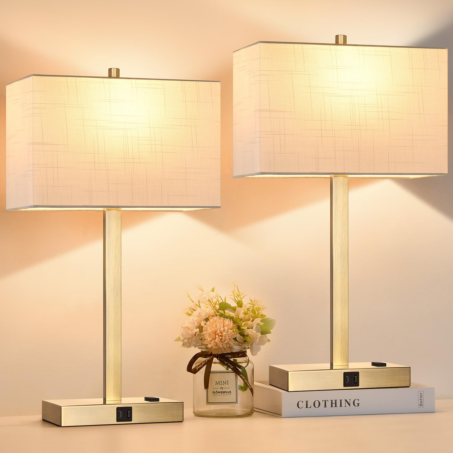 Lynnoland 21'' Set of 2 Bedside lamp with USB A+C & AC Outlets, Touch Control 3-Way Dimmable Nightstand Lamps for Bedroom Living