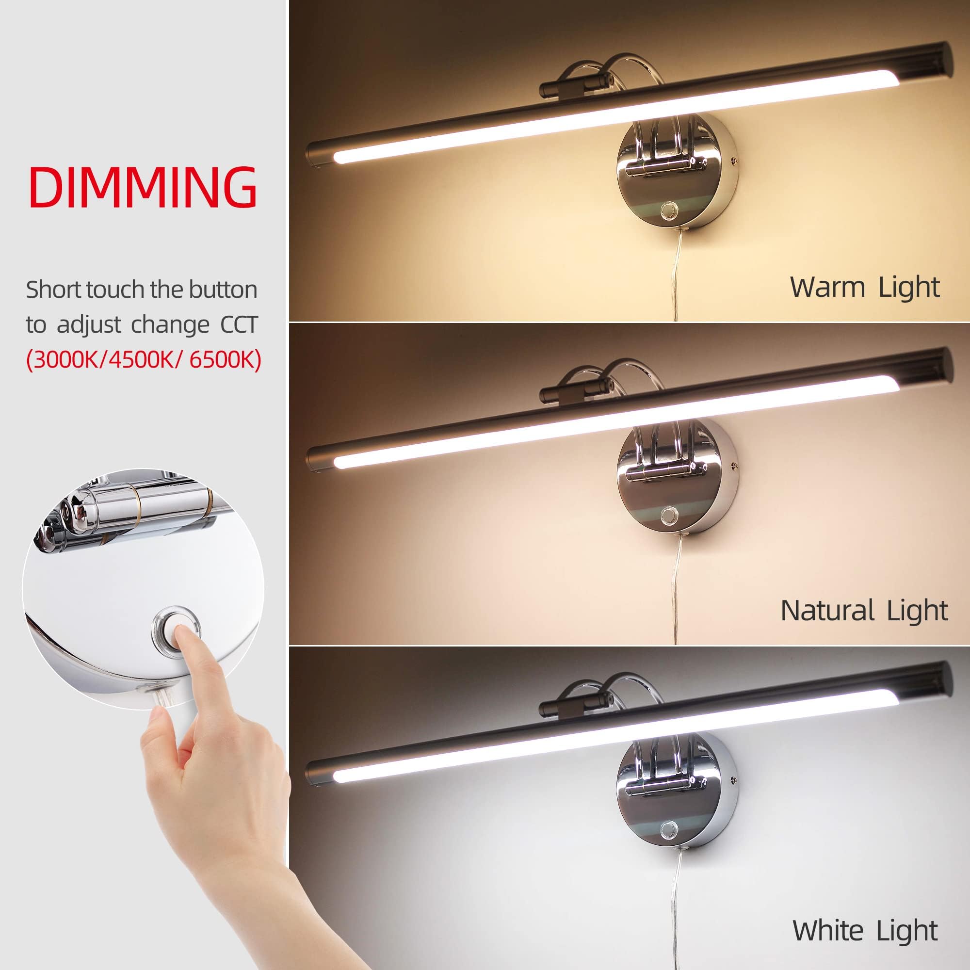 MantoLite Picture Lights for Wall 24''Modern Bathroom Lighting Fixtures Over Mirror, Plug-in or Hardware 12W 3CCT Dimmable LED V