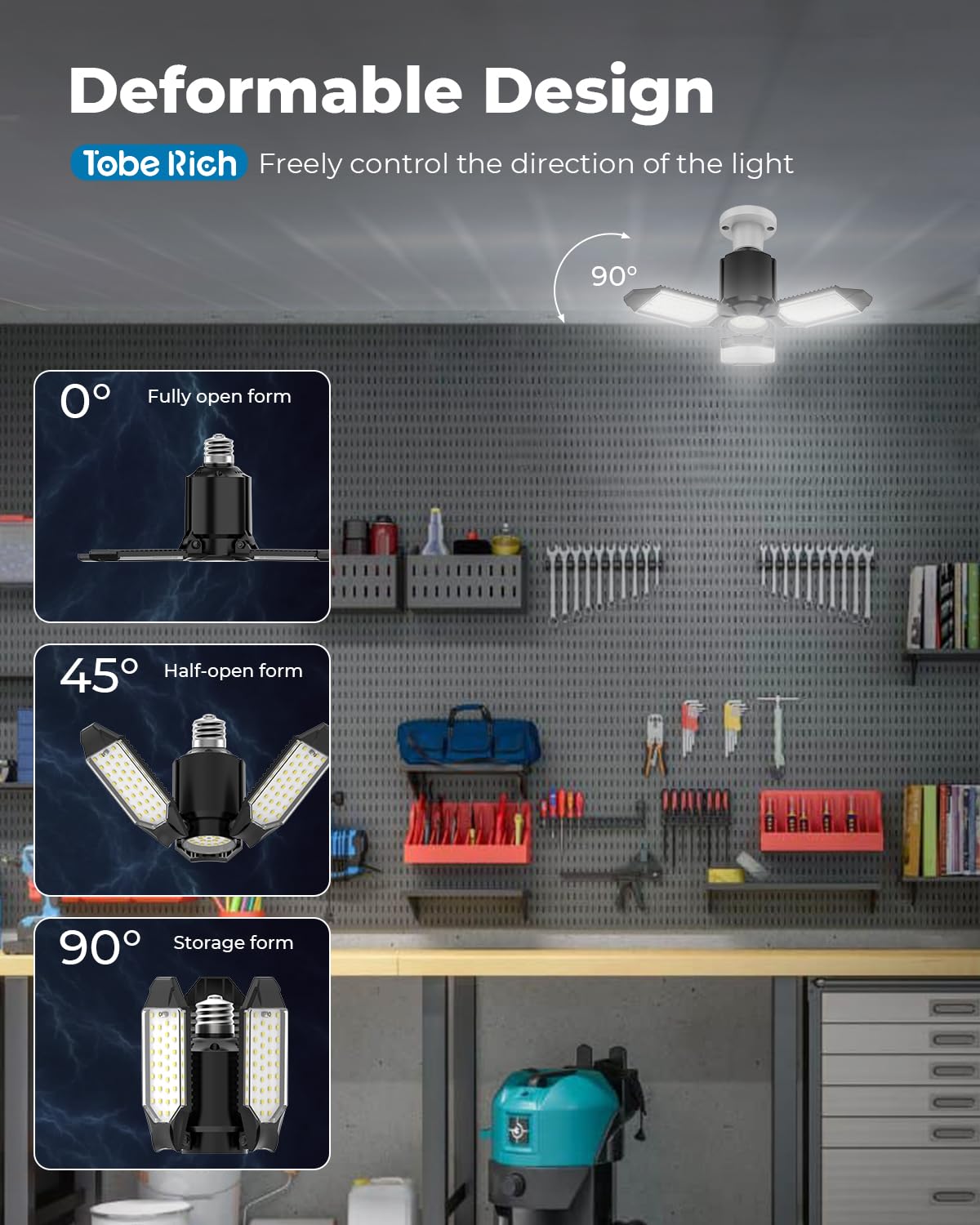 Toberich Led Garage Lights 4 Pack, Total 32000Lm Shop Lights With 3+1 Deformable Panels, 6500K Led Ceiling Lights For Garage, Wo