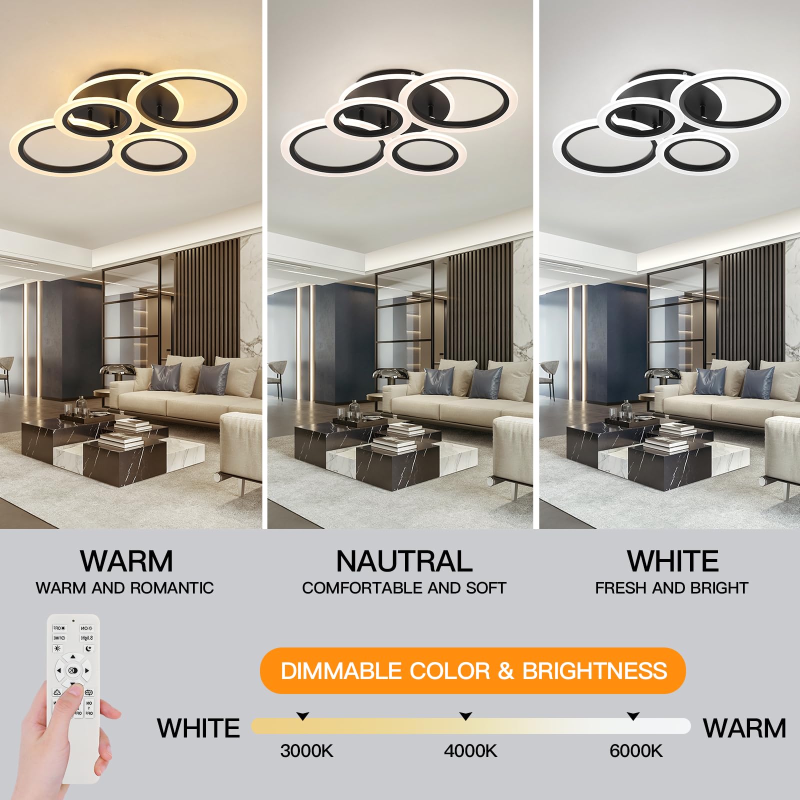 Stch Modern Led Ceiling Light, Dimmable 3000K/4000K/6500K, Black 4 Rings Flush Mount Ceiling Lamp, Ceiling Light Fixture With Re
