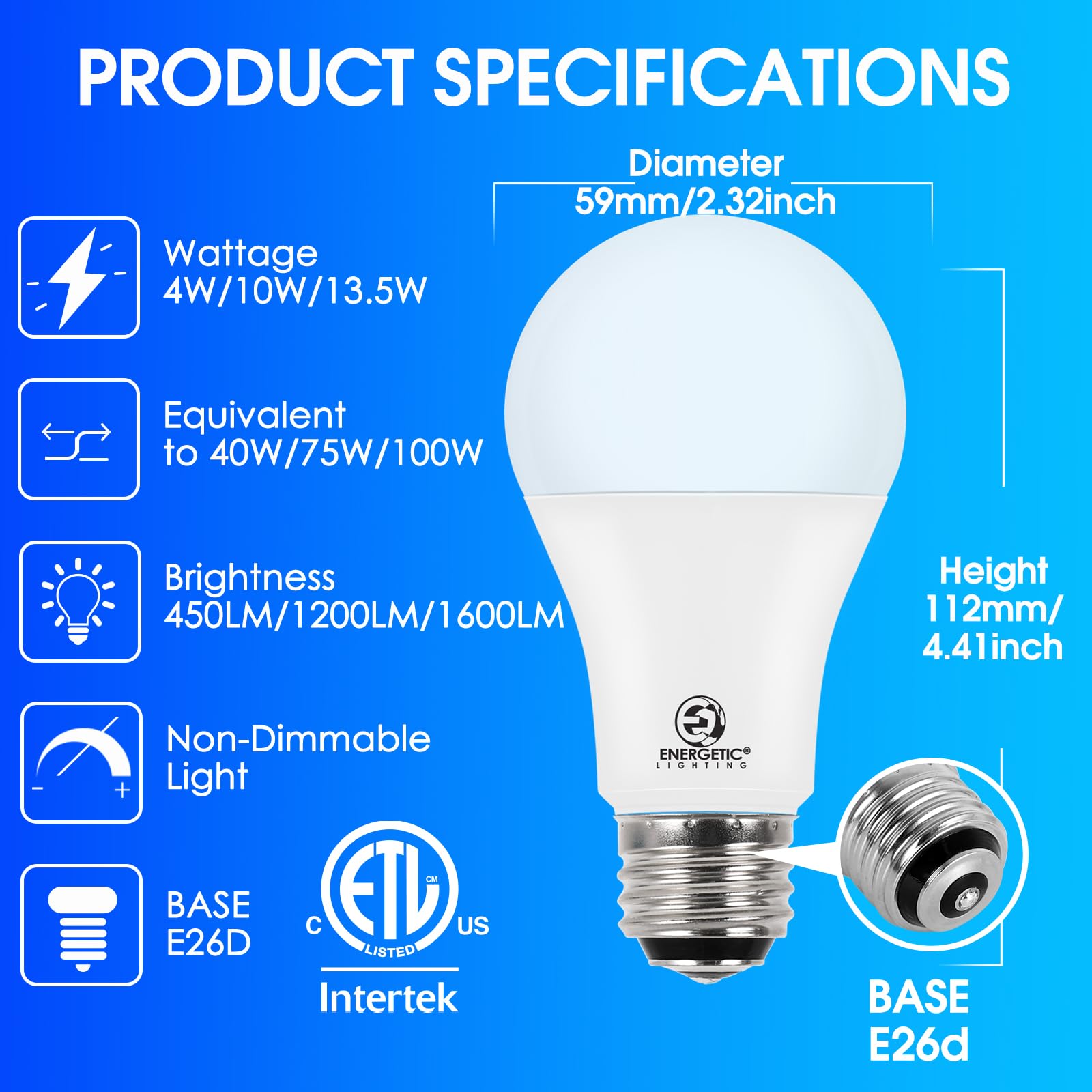 E Energetic Lighting 3 Way Led Light Bulb 40 75 100W Equivalent, Cool White 4000K A19 3 Way Light Bulbs, E26 Base, 450-1200-1600