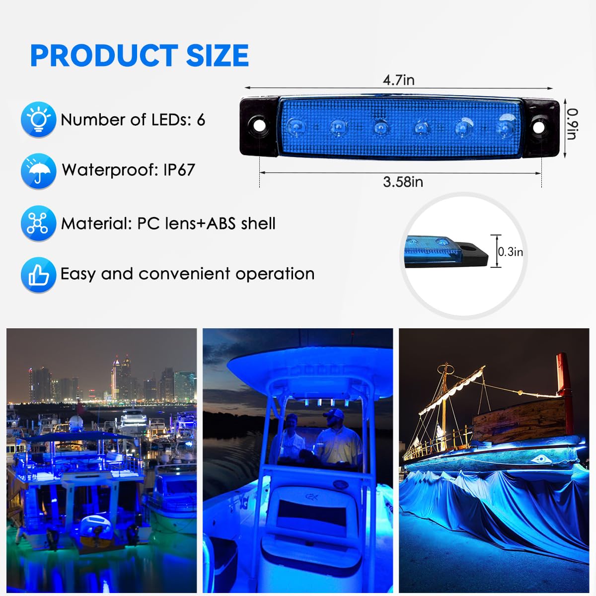 10Pcs Blue 6 Led Marine Boat Lights 12V Cockpit Navigation Lighting Waterproof Boat Interior Lights Deck Courtesy Light Navigati