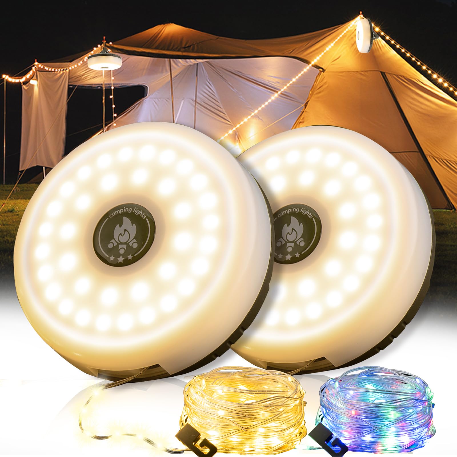 2-Pack Camping String Lights - 4 in 1 Outdoor Camping Lantern with 8 Lighting Modes(32.8Ft), Quick 30s Recovery, Waterproof, Typ