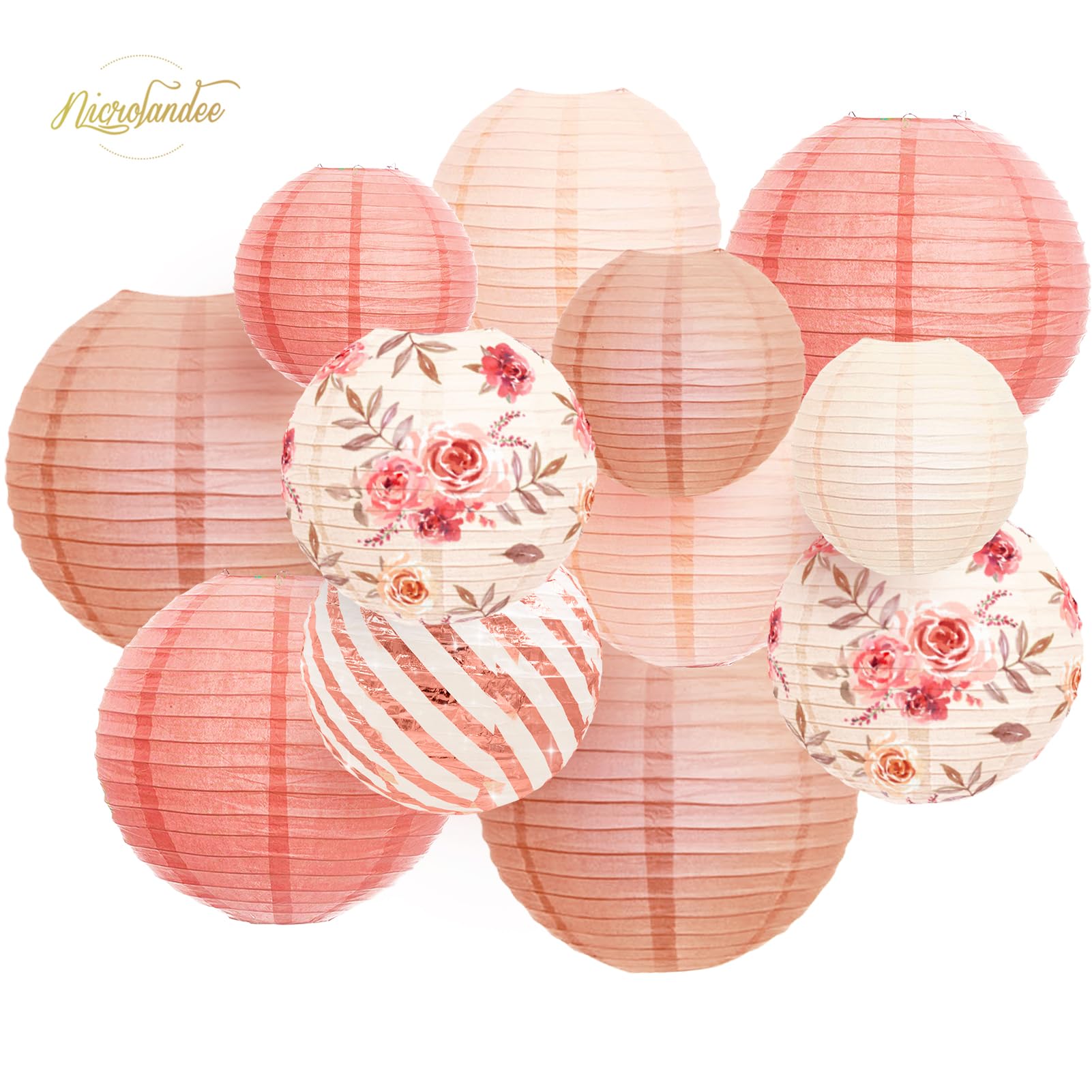 Nicrolandee 12Pcs Rose Gold Paper Lanterns - Vintage Floral Hanging Decorations For Weddings, Baby Showers, Anniversaries, And Birthdays