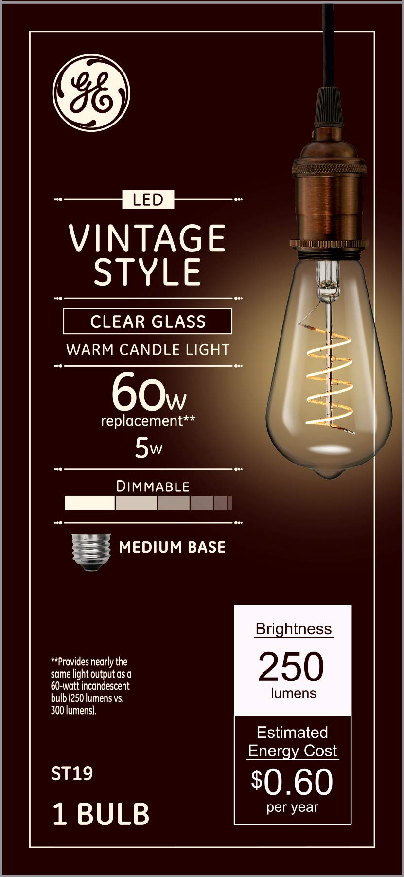 GE Lighting Vintage Edison Style LED Light Bulb, 5 Watts (60 Watt Equivalent) Warm Candle Light, Clear Glass, Medium Base, Dimma