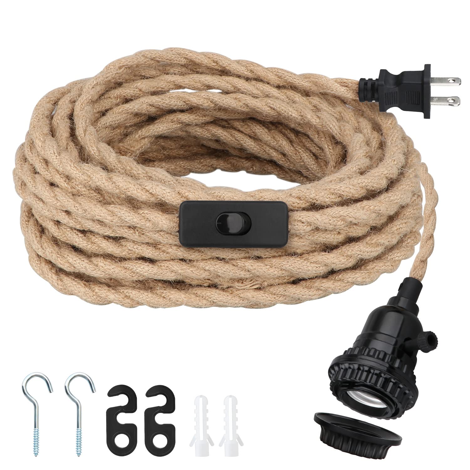 Zevnico Pendant Light Kit, Twisted Hemp Rope, 16.5FT, E26 Socket, Hanging Light with Plug in Cord & Switch, Vintage Farmhouse Decor