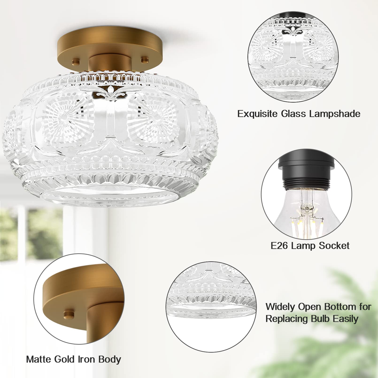 Oykyohei Semi Flush Mount Ceiling Light, Globe Glass Ceiling Light Fixture, Gold Modern Lighting For Hallway Porch Corridor Kitc