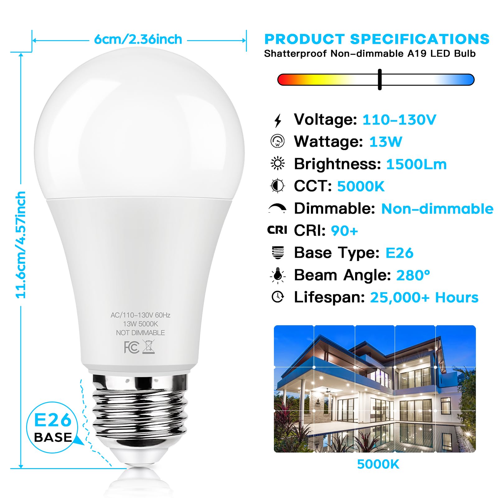 Led Light Bulbs 100 Watt Equivalent 1500 Lumens, A19 5000K Daylight White Non-Dimmable, Super Bright No Flicker E26 Standard Base, 13W Lightbulb For Bedroom, Living Room, Office Lighting, 24 Packs