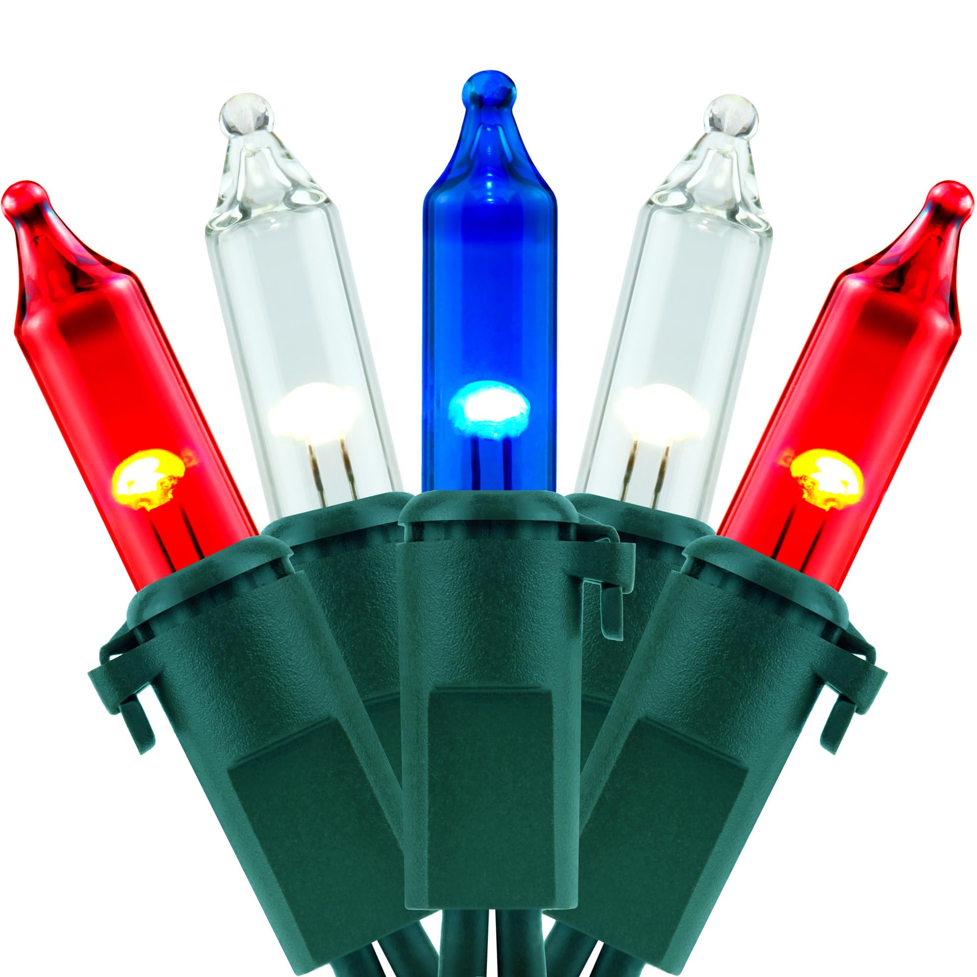 YULETIME 200 Red White & Blue Christmas Lights, 33 Feet, 100 Count, UL Certified, Copper Wire and Glass Bulbs