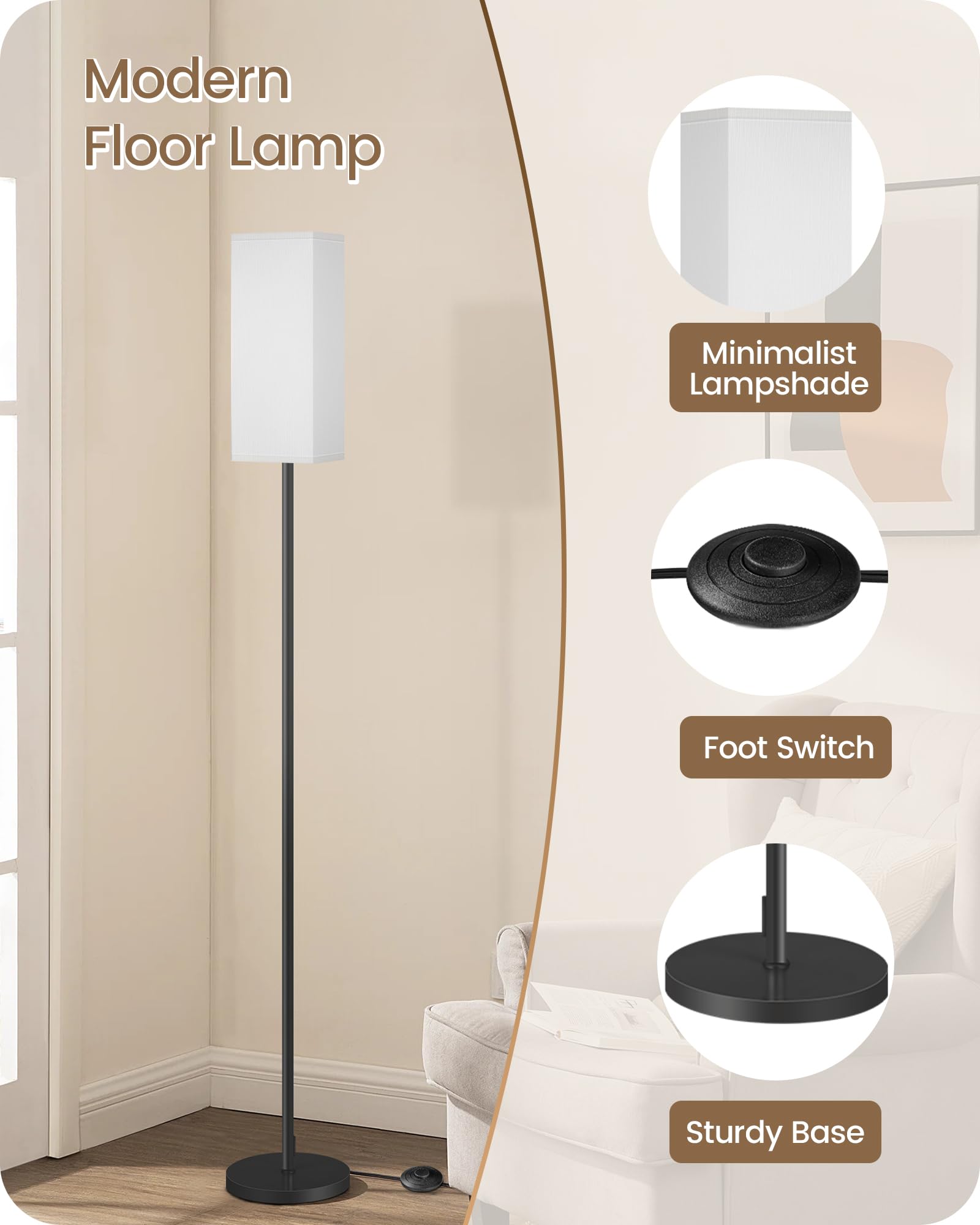 Goebleson 2Pack Floor Lamp, Pole Lamp With Foot Switch, Modern Standing Lampshade, Minimalist Freestanding Lamp (Bulb Not Includ