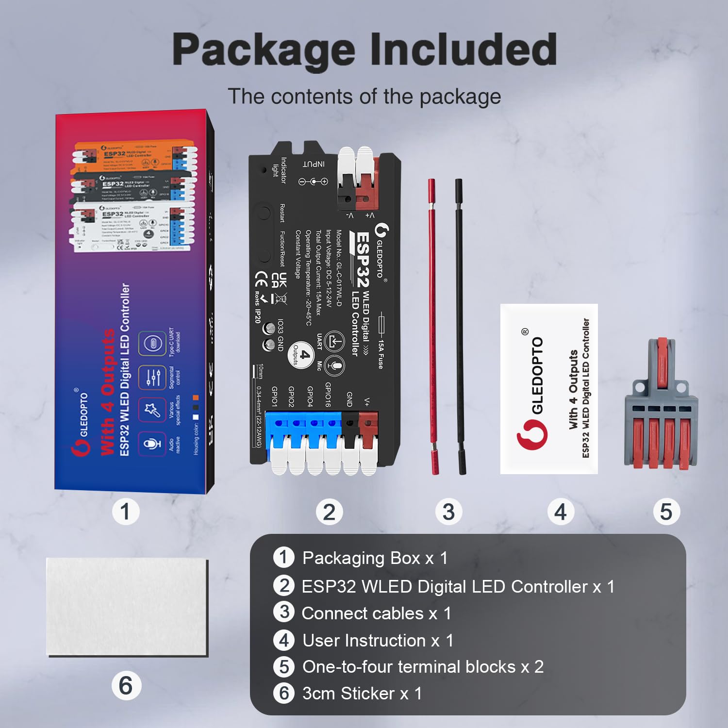 Sogledwow ESP32 WLED LED Strip Controller 15A Fuse 4 Channel Black GL-C-008WL