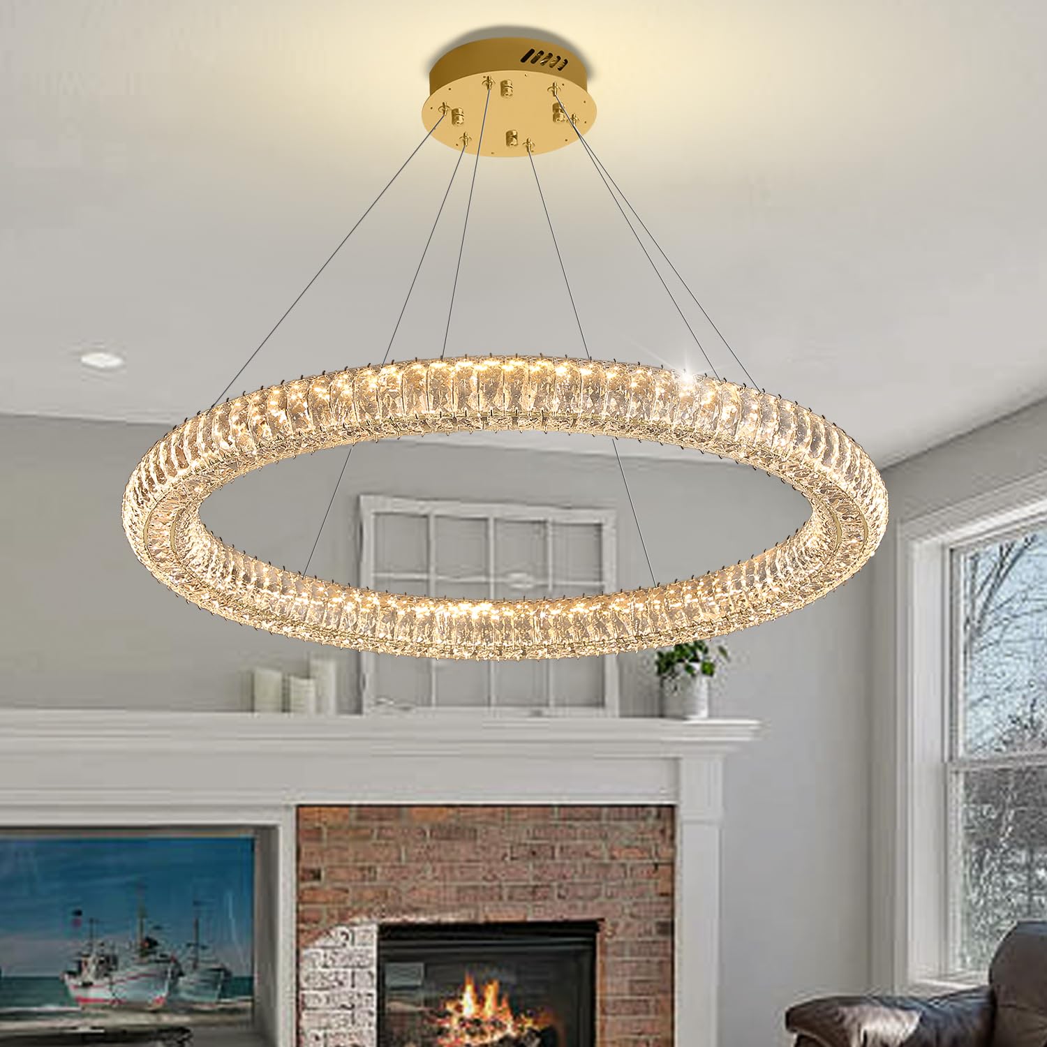 IDEQUY Modern Crystal Chandelier Dimmable LED 39.4'' Ring Pendant Light Adjustable Round Gold Crystal Chandelier Light Fixtures 