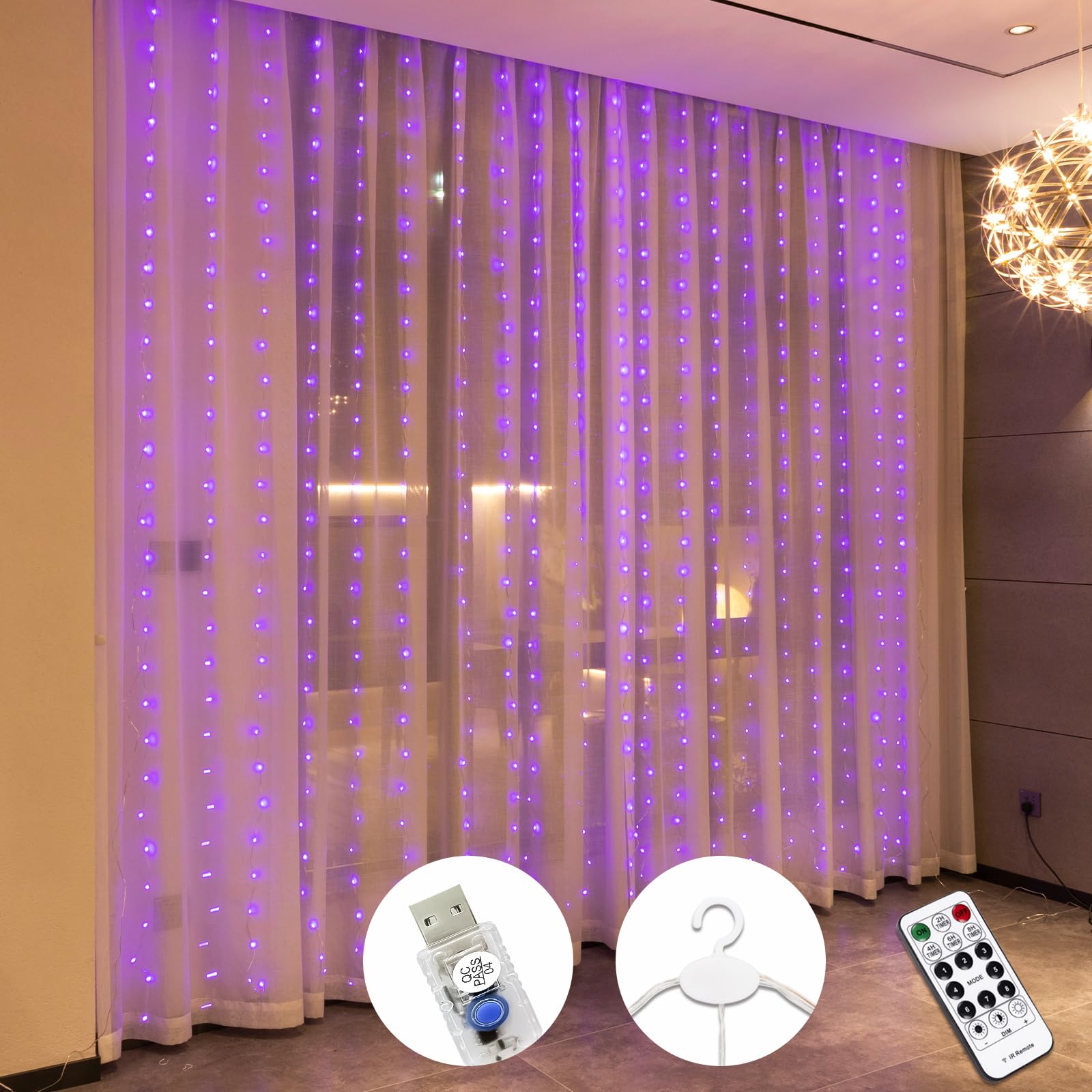 Sinamer Purple Curtain Light With Untangled Wires For Bedroom, 300Led 9.8Ft X 9.8Ft Window Fairy Curtain String Light With 16 Hooks, 8 Modes Remote Control For Wedding Party Home Indoor Decorations