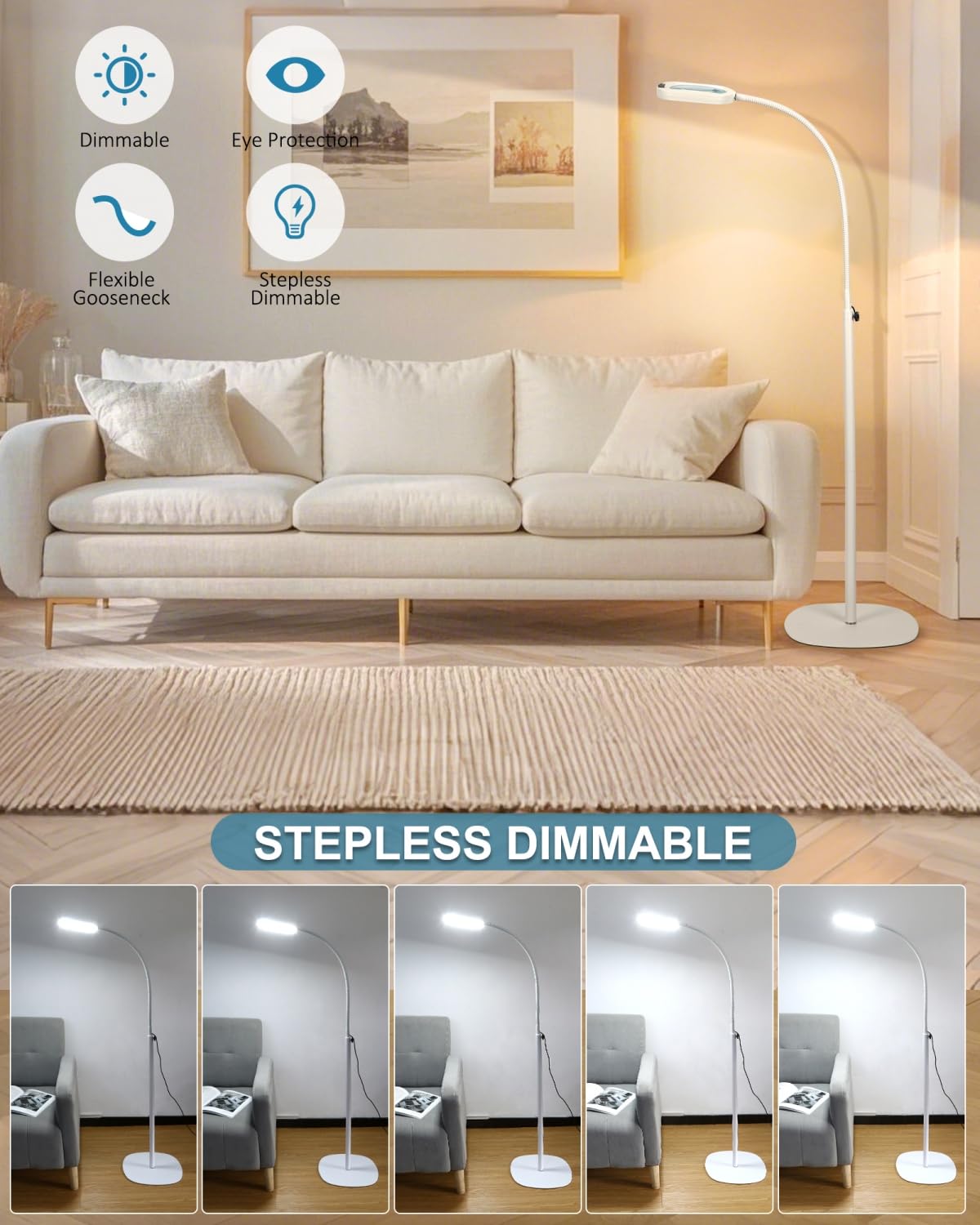 IVMAIE 10X Rectangle Magnifying Glass with Light, Flexible Gooseneck 3-in-1 Floor Lamp, LED, Stepless Dimmable, White, Model 602FLG