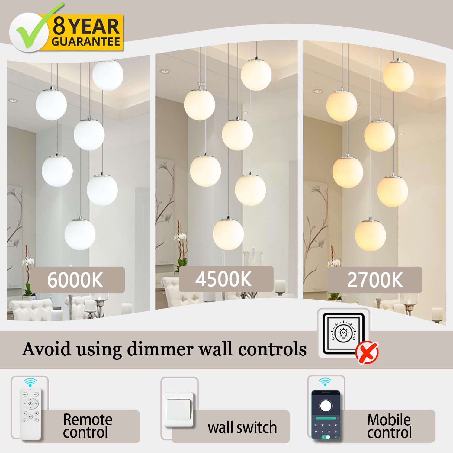 ykolupty 6-Light Silver Chandelier with White Globe Glass - Dimmable Ceiling Light for Kitchen Island, Dining Room, LED Bulbs Included
