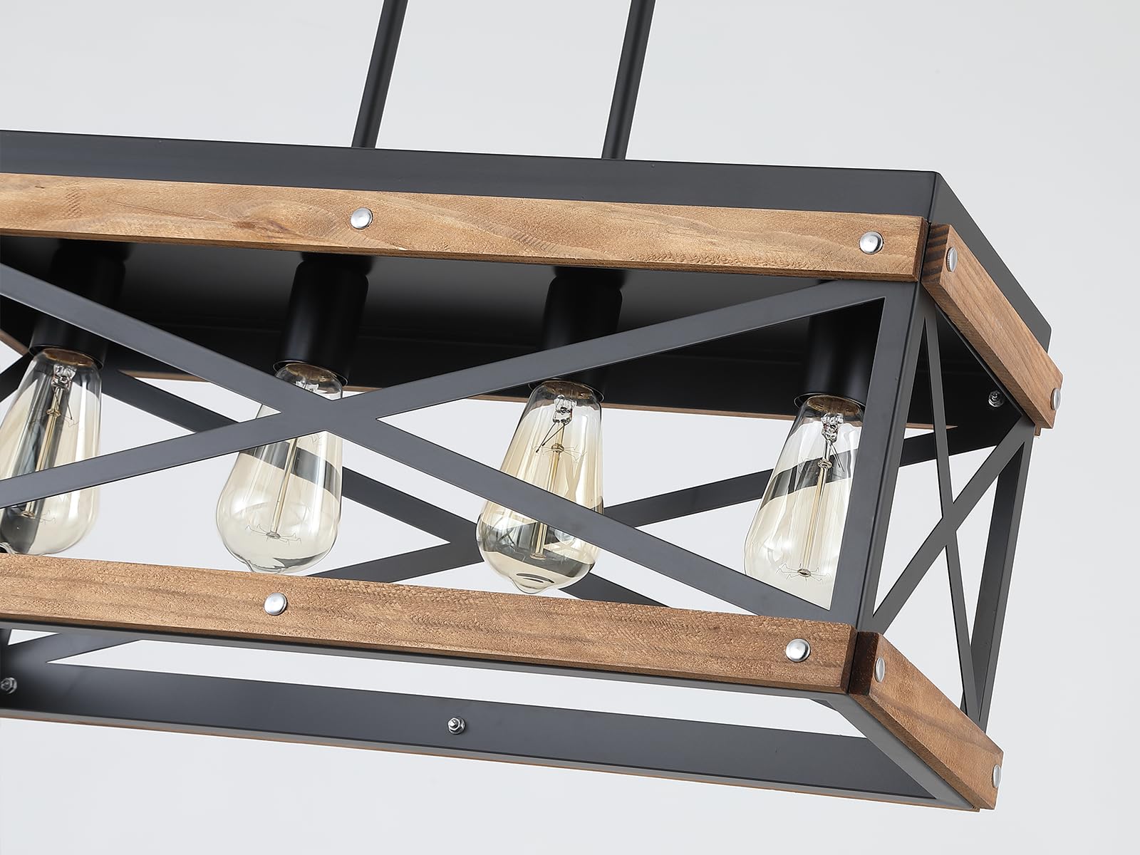 Rustic Farmhouse Wood Kitchen Island Lighting  4 Lights Rectangular Pendant Light Fixture  Adjustable Chain Oak Wood And Metal Linear Chandelier For Dining Room Kitchen Island Farmhouse  Black