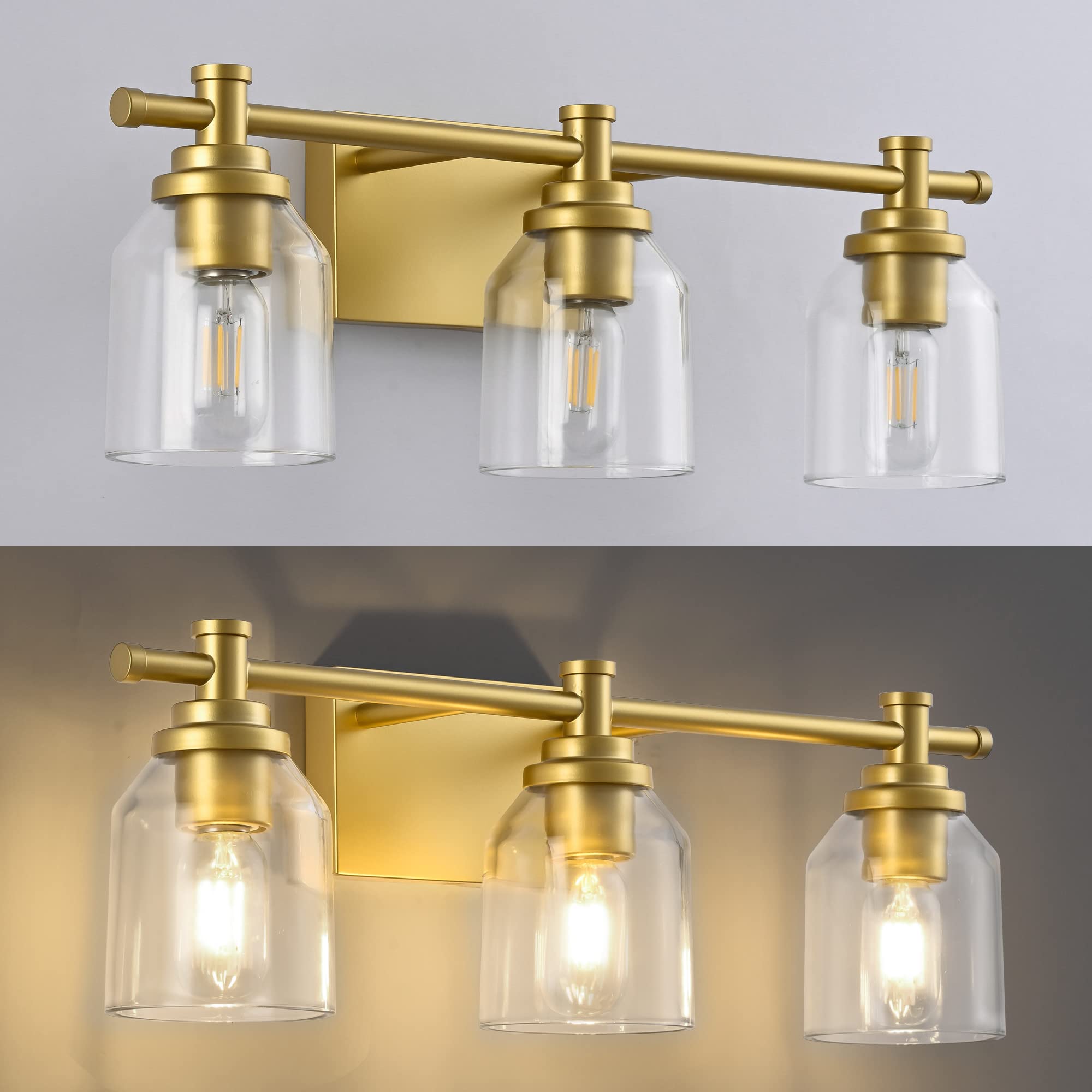SOLFART 3-Light Bathroom Vanity Light Fixtures, Vintage Gold, Glass Shade with Metal, Over Mirror Wall Lighting